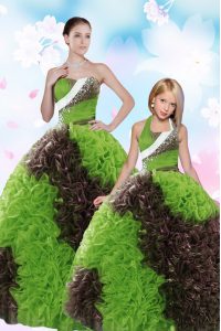 Strapless Sleeveless Quinceanera Dresses Floor Length Beading and Sequins Green Fabric With Rolling Flowers
