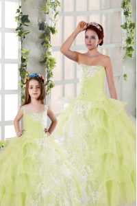 Romantic Light Yellow Organza Lace Up Strapless Sleeveless Floor Length Ball Gown Prom Dress Beading and Ruffled Layers and Ruching