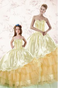 Low Price Gold Sweetheart Neckline Embroidery and Ruffled Layers Quince Ball Gowns Sleeveless Lace Up