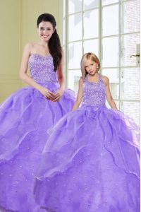 Glamorous Lavender Sleeveless Floor Length Beading Lace Up Quinceanera Gown