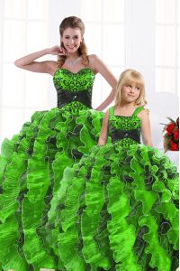 Organza Lace Up Vestidos de Quinceanera Sleeveless Floor Length Beading and Appliques and Ruffles