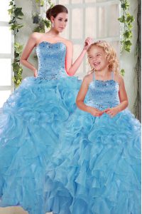 Admirable Aqua Blue Sleeveless Beading and Ruffles Floor Length Quinceanera Gown