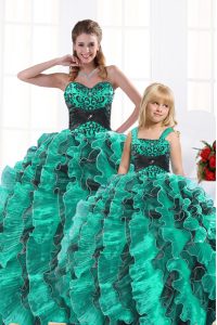 Ball Gowns Quinceanera Dress Turquoise Sweetheart Organza Sleeveless Floor Length Lace Up