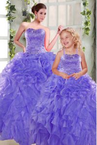 Lavender Ball Gowns Organza Strapless Sleeveless Beading and Ruffles Floor Length Lace Up 15th Birthday Dress