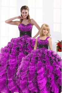Dramatic Sweetheart Sleeveless Ball Gown Prom Dress Floor Length Beading and Appliques and Ruffles Fuchsia Organza