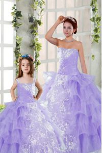 Fancy Sleeveless Floor Length Embroidery and Ruffled Layers Lace Up Sweet 16 Dress with Lavender