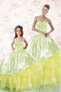 Decent Light Yellow Ball Gowns Embroidery and Ruffled Layers Quinceanera Gown Lace Up Organza Sleeveless Floor Length