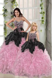 Fashionable Sleeveless Floor Length Beading and Ruffles Lace Up Quince Ball Gowns with Pink And Black