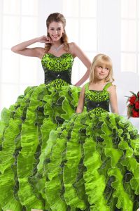Enchanting Olive Green Ball Gowns Beading and Appliques and Ruffles Sweet 16 Quinceanera Dress Lace Up Organza Sleeveless Floor Length