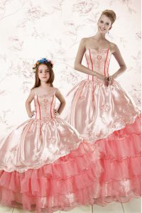 Comfortable Floor Length Watermelon Red Sweet 16 Dress Organza Sleeveless Embroidery and Ruffled Layers