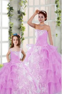 Lilac Sleeveless Organza Lace Up Quinceanera Dresses for Military Ball and Sweet 16 and Quinceanera