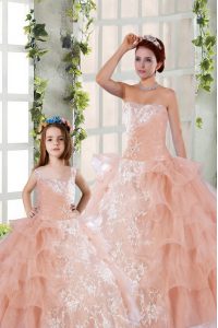 Peach Organza Lace Up Strapless Sleeveless Floor Length Quinceanera Dresses Beading and Ruffled Layers and Ruching