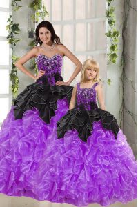Floor Length Black And Purple Sweet 16 Dresses Organza Sleeveless Beading and Ruffles