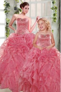 Rose Pink Ball Gowns Organza Strapless Sleeveless Beading and Ruffles Floor Length Lace Up 15th Birthday Dress