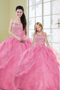 Sweetheart Sleeveless 15th Birthday Dress Floor Length Beading and Sequins Rose Pink Organza