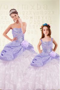 Amazing Lavender Lace Up Quinceanera Dresses Beading and Ruffled Layers and Hand Made Flower Sleeveless Floor Length