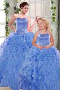 Exceptional Sleeveless Floor Length Beading and Ruffles Lace Up Ball Gown Prom Dress with Blue