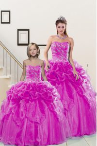 Luxury Pick Ups Fuchsia Sleeveless Organza Lace Up Sweet 16 Quinceanera Dress for Military Ball and Sweet 16 and Quinceanera
