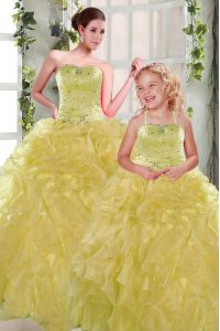 Fancy Strapless Sleeveless Lace Up Sweet 16 Dress Yellow Organza