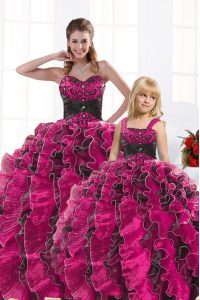 Sophisticated Hot Pink Ball Gowns Beading and Appliques and Ruffles Quinceanera Dress Lace Up Organza Sleeveless Floor Length