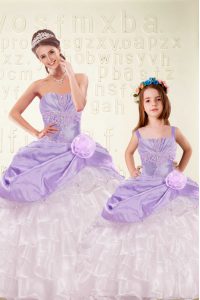 Floor Length Lace Up Quince Ball Gowns Purple for Military Ball and Sweet 16 and Quinceanera with Beading and Ruffled Layers and Hand Made Flower