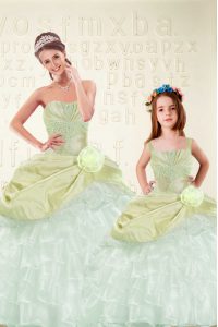 Fantastic Yellow Green Organza and Taffeta Lace Up Sweetheart Sleeveless Floor Length 15th Birthday Dress Beading and Ruffled Layers and Hand Made Flower