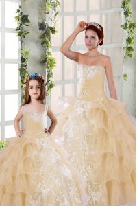 Comfortable Ruffled Strapless Sleeveless Lace Up Quince Ball Gowns Champagne Organza