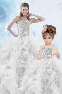 Sleeveless Organza Floor Length Lace Up Quince Ball Gowns in Silver with Beading and Ruffles and Sequins