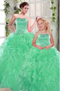 Apple Green Organza Lace Up Ball Gown Prom Dress Sleeveless Floor Length Beading and Ruffles