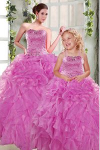 Dramatic Sleeveless Organza Floor Length Lace Up Sweet 16 Dress in Lilac with Beading and Ruffles