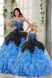 Floor Length Lace Up Quinceanera Gowns Black and Blue for Military Ball and Sweet 16 and Quinceanera with Beading and Ruffles