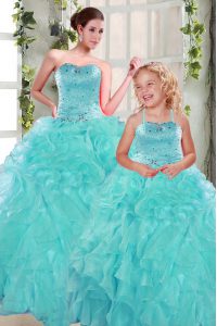 Sumptuous Turquoise Sweet 16 Quinceanera Dress Military Ball and Sweet 16 and Quinceanera and For with Beading and Ruffles Sweetheart Sleeveless Lace Up