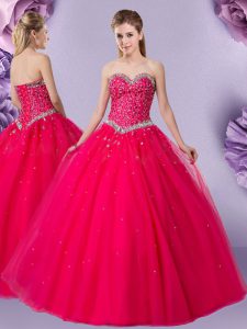 Dramatic Coral Red Sleeveless Floor Length Beading Lace Up Quinceanera Dresses