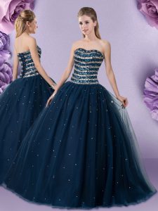 Modest Sleeveless Tulle Floor Length Lace Up Quinceanera Dresses in Dark Green with Beading