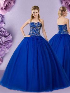 Custom Made Floor Length Royal Blue Sweet 16 Dresses Sweetheart Sleeveless Lace Up