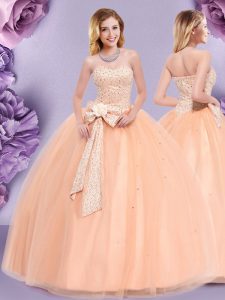 Smart Tulle Sleeveless Floor Length Sweet 16 Dress and Beading and Bowknot