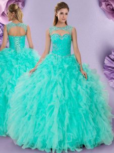 Apple Green Sweet 16 Quinceanera Dress Military Ball and Sweet 16 and Quinceanera and For with Beading and Ruffles Scoop Sleeveless Lace Up