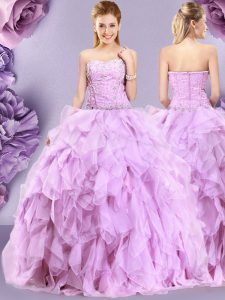 Exquisite Lilac Zipper Quinceanera Gowns Beading and Ruffles Sleeveless Floor Length