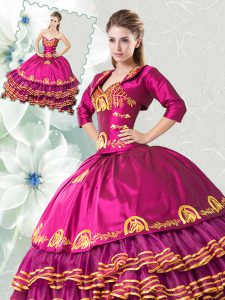 Fuchsia Sweetheart Neckline Embroidery and Ruffled Layers Quinceanera Gown Sleeveless Lace Up