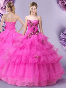 Enchanting Sleeveless Lace Up Floor Length Appliques and Ruffled Layers and Hand Made Flower Quinceanera Dresses