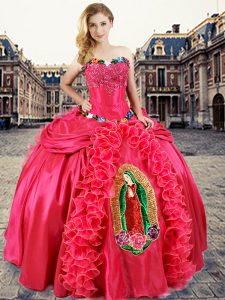 Custom Made Beading and Appliques and Ruffles Quinceanera Gown Coral Red Lace Up Sleeveless Floor Length