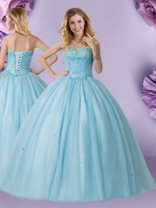 Affordable Sweetheart Sleeveless Tulle Quinceanera Gown Beading Lace Up
