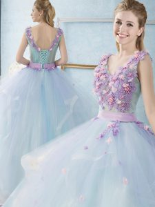V-neck Sleeveless Tulle Quinceanera Dresses Appliques and Ruffles Lace Up