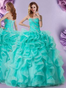 Luxury Sweetheart Sleeveless Quinceanera Dresses Floor Length Beading and Ruffles Aqua Blue Organza
