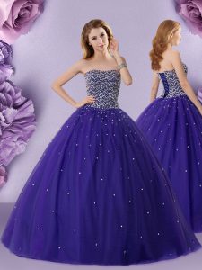 Pretty Floor Length Lace Up Quinceanera Dress Purple for Military Ball and Sweet 16 and Quinceanera with Beading
