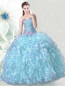 Light Blue Ball Gowns Beading and Ruffles Quinceanera Gown Lace Up Organza Sleeveless Floor Length