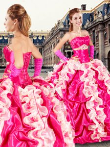 Pretty Floor Length Hot Pink Sweet 16 Dress Organza and Taffeta Sleeveless Beading and Ruffles and Pick Ups