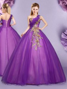 One Shoulder Floor Length Purple Quince Ball Gowns Tulle Sleeveless Appliques and Ruffles