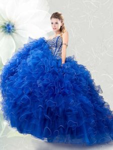 Traditional Royal Blue Sleeveless Organza Lace Up Sweet 16 Dress for Military Ball and Sweet 16 and Quinceanera