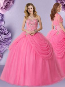 Rose Pink Ball Gowns Sweetheart Sleeveless Tulle Floor Length Lace Up Beading and Pick Ups Quinceanera Dress